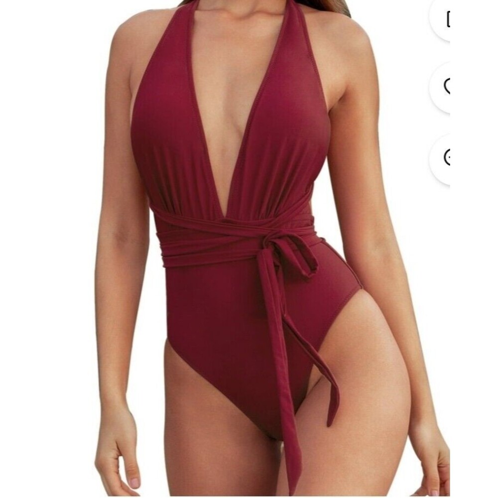 Cupshe One Piece Bathing Suit Plunge Neckline Red Wine With Waist Tie Large